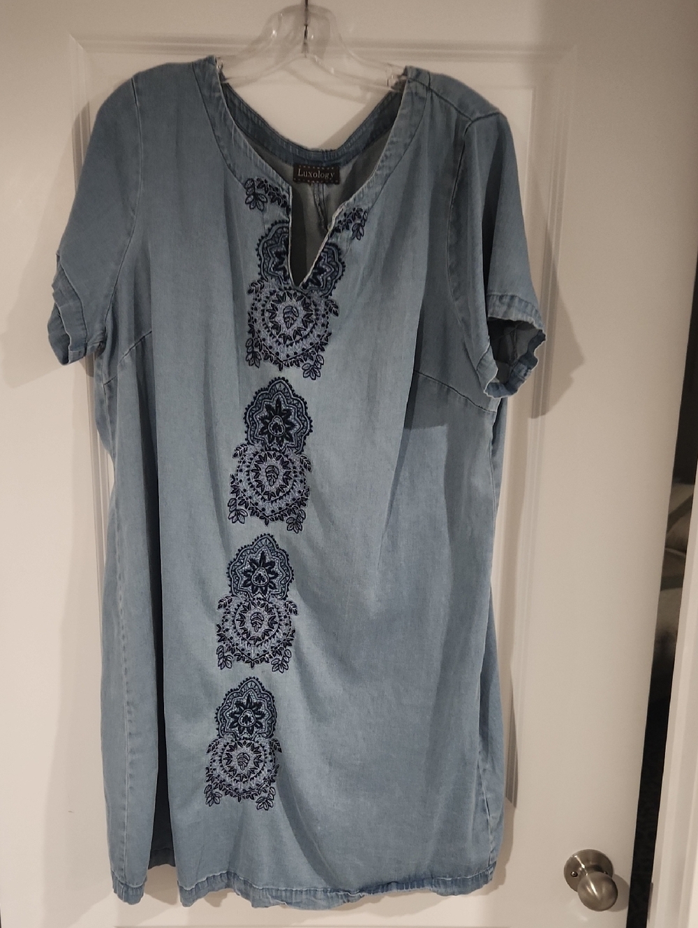 Luxology Light Blue Denim Tunic with Navy Embroidery